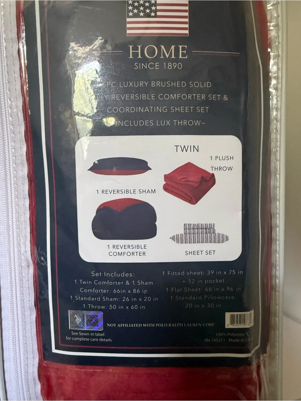U.S. Polo Assn Home Twin 6Pc Navy Red Reversible Comforter Set Plush Throw NIP